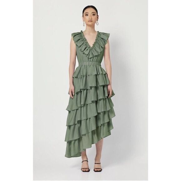 NWT ELLIATT Aquiline Tiered Ruffle Asymmetric Dress Khaki Medium - Picture 1 of 10